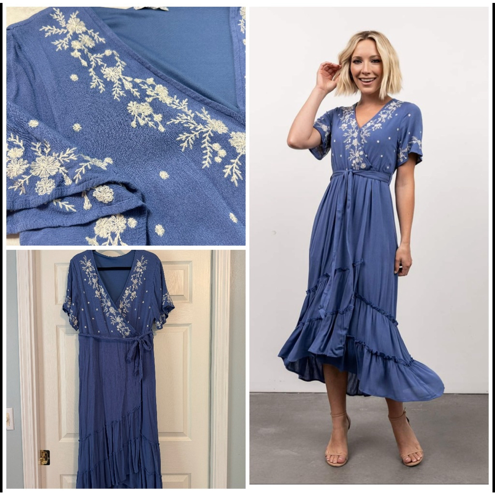 Blue Embroidered V-Neck Midi Dress